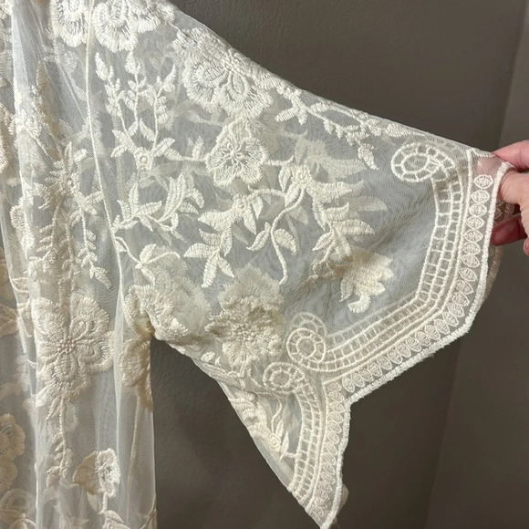 She + Sky Lace Midi Long Kimono Cardigan - Cream - Picture 5 of 8